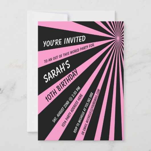 Roze Black Sun Beams Birthday Party Invitation Kaart (Voorkant)