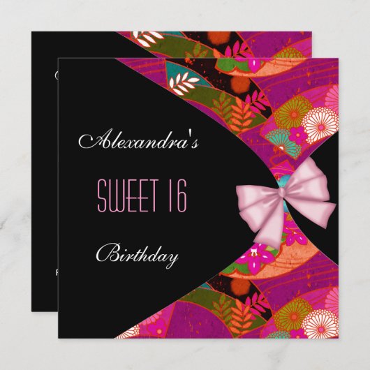 Roze Black Sweet 16 Birthday Party Invitation Flor Kaart (Voorkant / Achterkant)