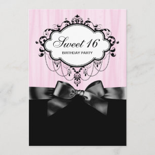 Roze Black Sweet 16 Birthday Party Kaart