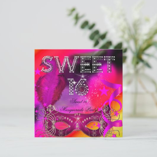 Roze Black Sweet 16 Masquerade Birthday Party Kaart (Staand voorkant)