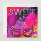 Roze Black Sweet 16 Masquerade Birthday Party Kaart (Voorkant)
