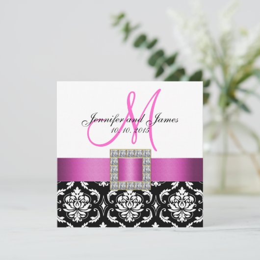 Roze Black White Damask Weddenschap Kaart (Staand voorkant)