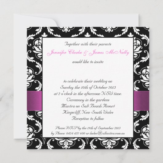 Roze Black White Damask Weddenschap Kaart (Achterkant)