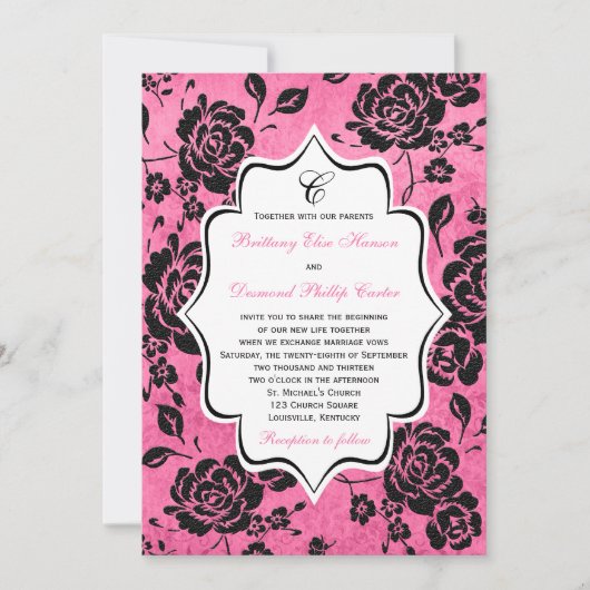Roze Black White Floral Damask Wedding Invitation Kaart (Voorkant)