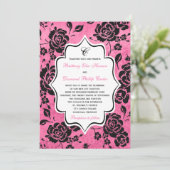 Roze Black White Floral Damask Wedding Invitation Kaart (Staand voorkant)
