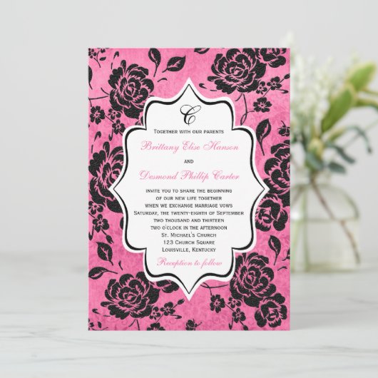 Roze Black White Floral Damask Wedding Invitation Kaart (Staand voorkant)