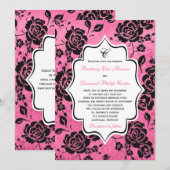 Roze Black White Floral Damask Wedding Invitation Kaart (Voorkant / Achterkant)
