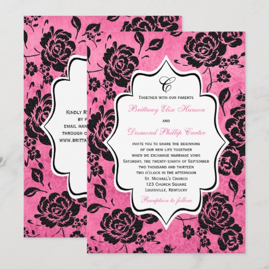 Roze Black White Floral Damask Wedding Invitation Kaart (Voorkant / Achterkant)