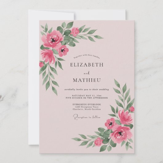 Roze Blad Bruiloft Kaart (Voorkant)