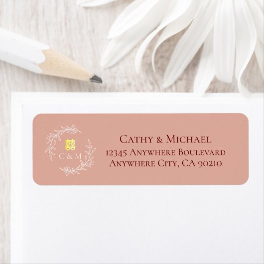 Roze blad met Chinees trouwadres Etiket (Insitu)