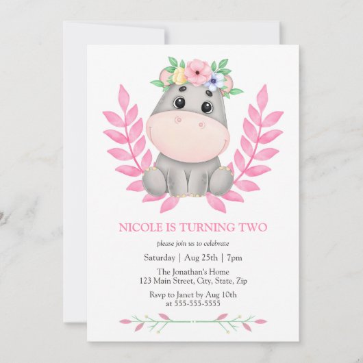 Roze Blad Schattige Hippopotamus Bloemen 2e Verjaa Kaart (Voorkant)