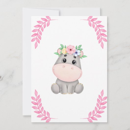 Roze Blad Schattige Hippopotamus Bloemen 2e Verjaa Kaart (Achterkant)