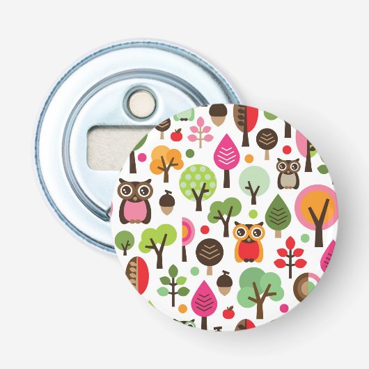 roze bladboom retro uil patroon button flesopener (Voorkant)