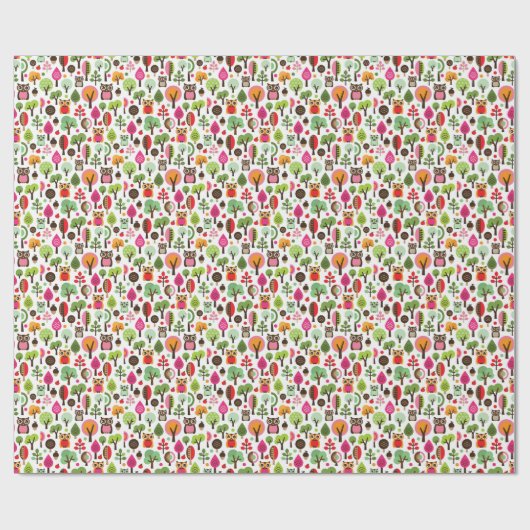 roze bladboom retro uil patroon cadeaupapier (Vlak)