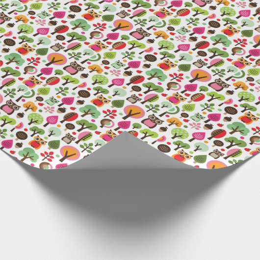 roze bladboom retro uil patroon cadeaupapier (Hoek)