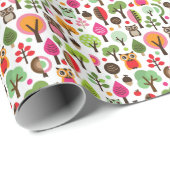 roze bladboom retro uil patroon cadeaupapier (Rol Hoek)