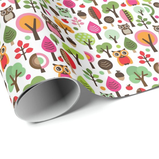 roze bladboom retro uil patroon cadeaupapier (Rol Hoek)