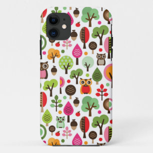 roze bladboom retro uil patroon iPhone 11 hoesje