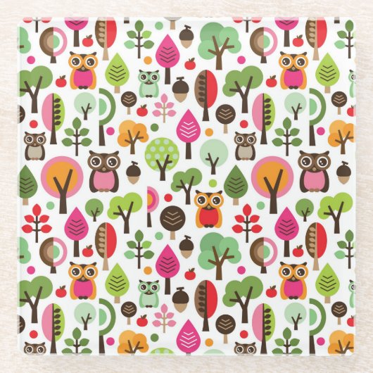 roze bladboom retro uil patroon glazen onderzetter (Voorkant)