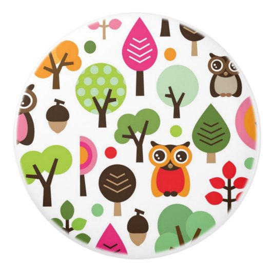 roze bladboom retro uil patroon keramische knop (Voorkant)