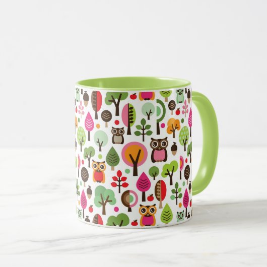 roze bladboom retro uil patroon mok (Voorkant rechts)