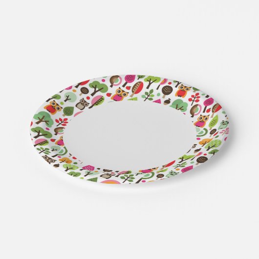 roze bladboom retro uil patroon papieren bordje (Gekanteld)