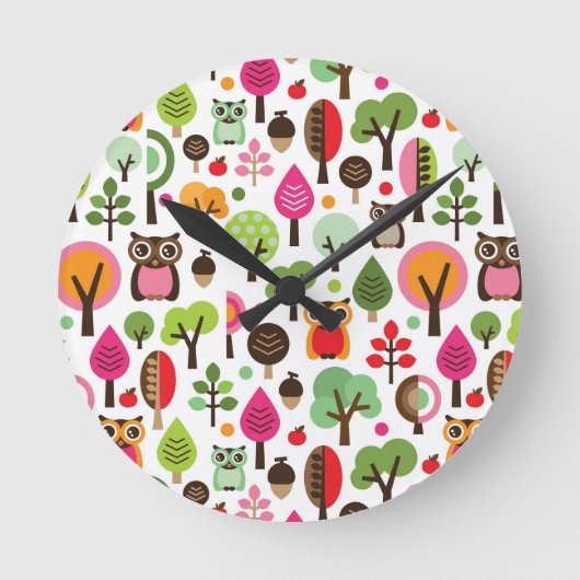 roze bladboom retro uil patroon ronde klok (Voorkant)