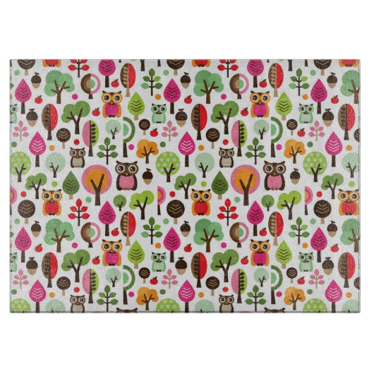 roze bladboom retro uil patroon snijplank (Voorkant)