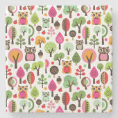 roze bladboom retro uil patroon stenen onderzetter (Voorkant)