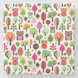 roze bladboom retro uil patroon stenen onderzetter