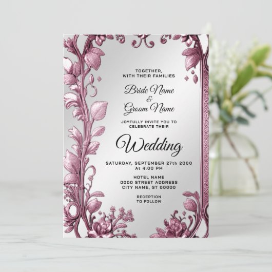 Roze bladeren bloeien bloemenbruiloft uitnodiging (Staand voorkant)