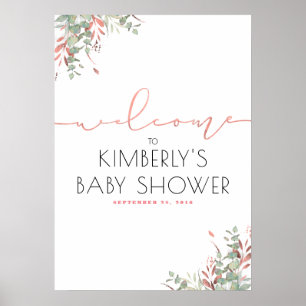 Roze bladeren Greenery Elegant Baby shower Welkom Poster