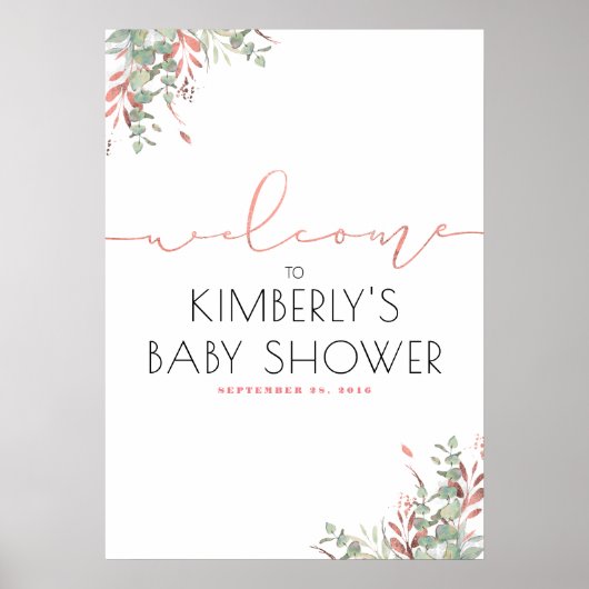 Roze bladeren Greenery Elegant Baby shower Welkom Poster (Voorkant)