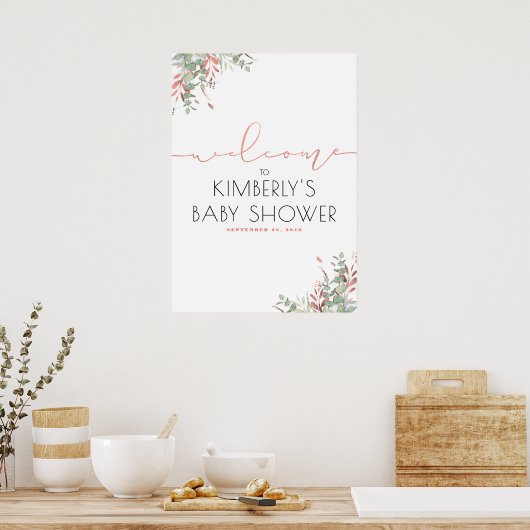 Roze bladeren Greenery Elegant Baby shower Welkom Poster (Keuken)