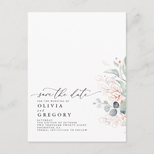 Roze bladeren groen Modern Elegant Save the Date Aankondigingskaart (Voorkant)