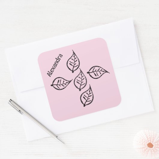 Roze bladeren Woodcut Square Sticker (Envelop)