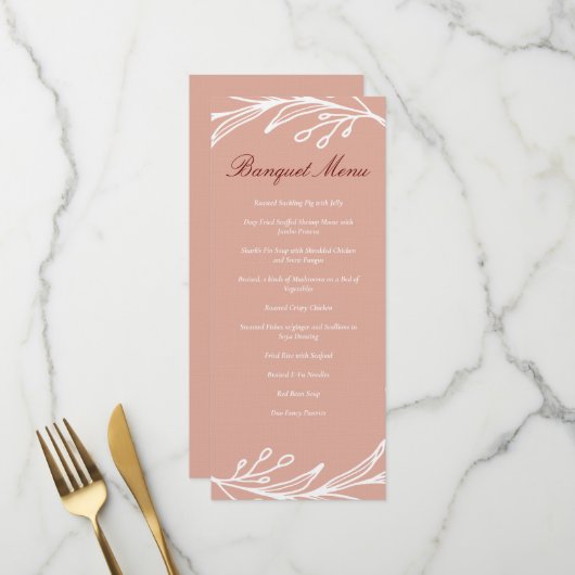 Roze bladkrans moderne Chinese bruiloftsbanket Menu (Voorkant / Achterkant in situ)