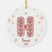 Roze Bladvormig Monogram H met Sterrenpatroon Keramisch Ornament (Voorkant)