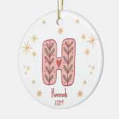 Roze Bladvormig Monogram H met Sterrenpatroon Keramisch Ornament (Links)