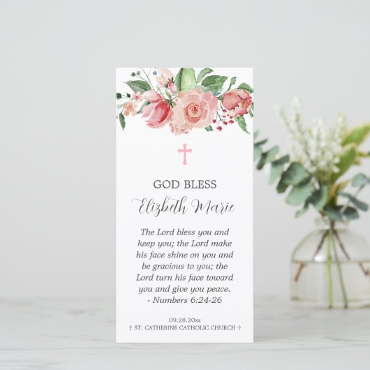 Roze Bladwijzer van Floral Baptism voor meisjes Bedankkaart (Staand voorkant)