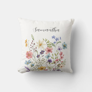 Roze Blau Aquarel Wilde Bloem Aangepaste Naam Kussen
