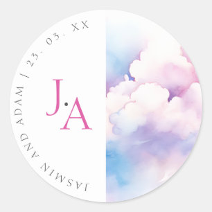 Roze Blau Aquarel Wolken Monogram Huwelijk Ronde Sticker