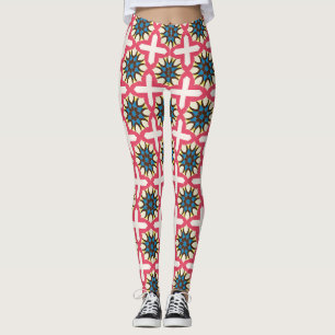 Roze Blau Bloem Motief Geometrisch Patroon Leggings