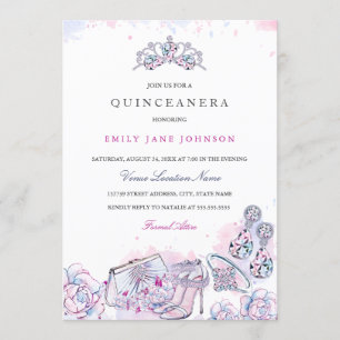 Roze Blau Elegante Kristallen Quinceanera Uitnodig Kaart