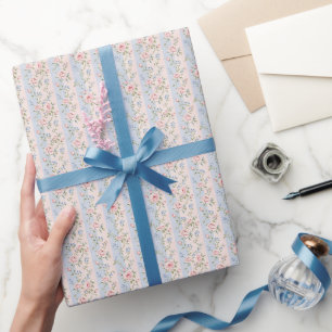 Roze Blau Gestreepte Bloemige Rozen Grandmillennia Cadeaupapier