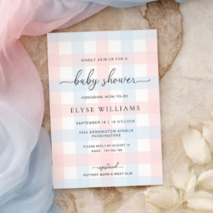 Roze Blau Gingham Baby Shower Uitnodiging