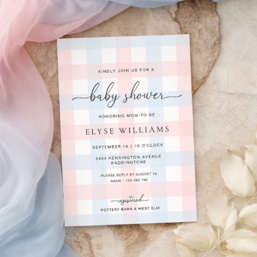 Roze Blau Gingham Baby Shower Uitnodiging