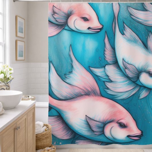 Roze Blau Krijttekening Vis Douchegordijn