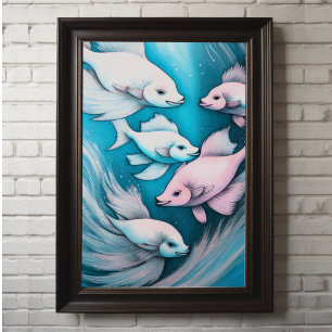 Roze Blau Krijttekening Vis VII Poster