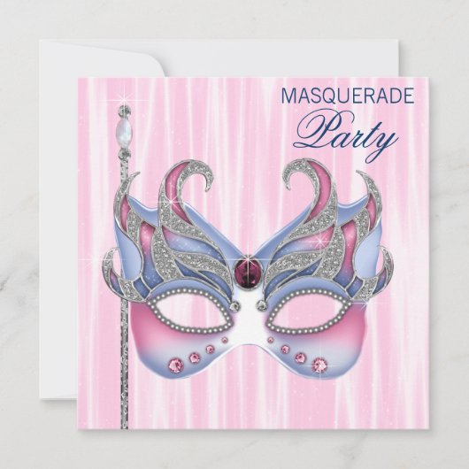 Roze Blau Maskerade Feest Kaart (Voorkant)